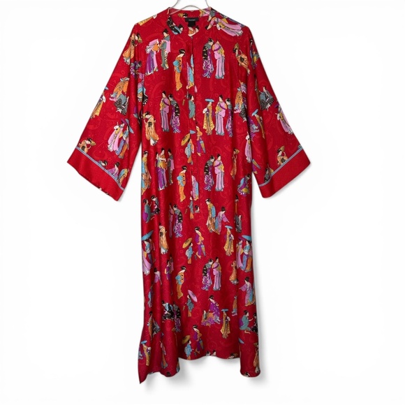 Natori Women’s L Red Poly-Satin With Colorful Figures Half-Zip Robe/Caftan - Picture 5 of 12